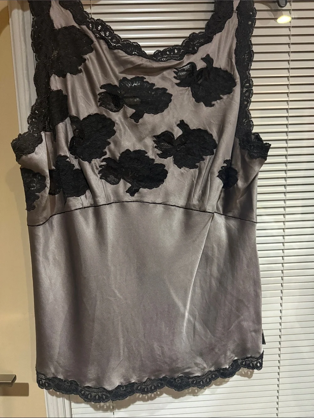 Laundry By Shelli Segal Lavender-Gray Satin Camisole with Black Lace Appliqué